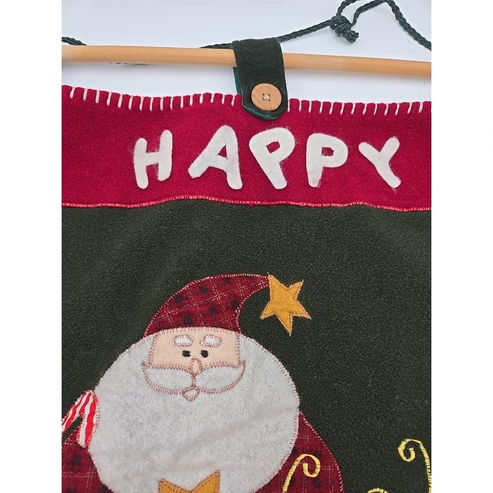 Santa Claus Felt Primitive Folk Handmade Hanging Wall Banner Vtg‎ W/ Rod *READ*